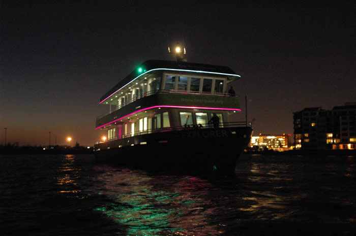 RiverQuest Explorer shines at night with energy efficient fiberoptic lighting.